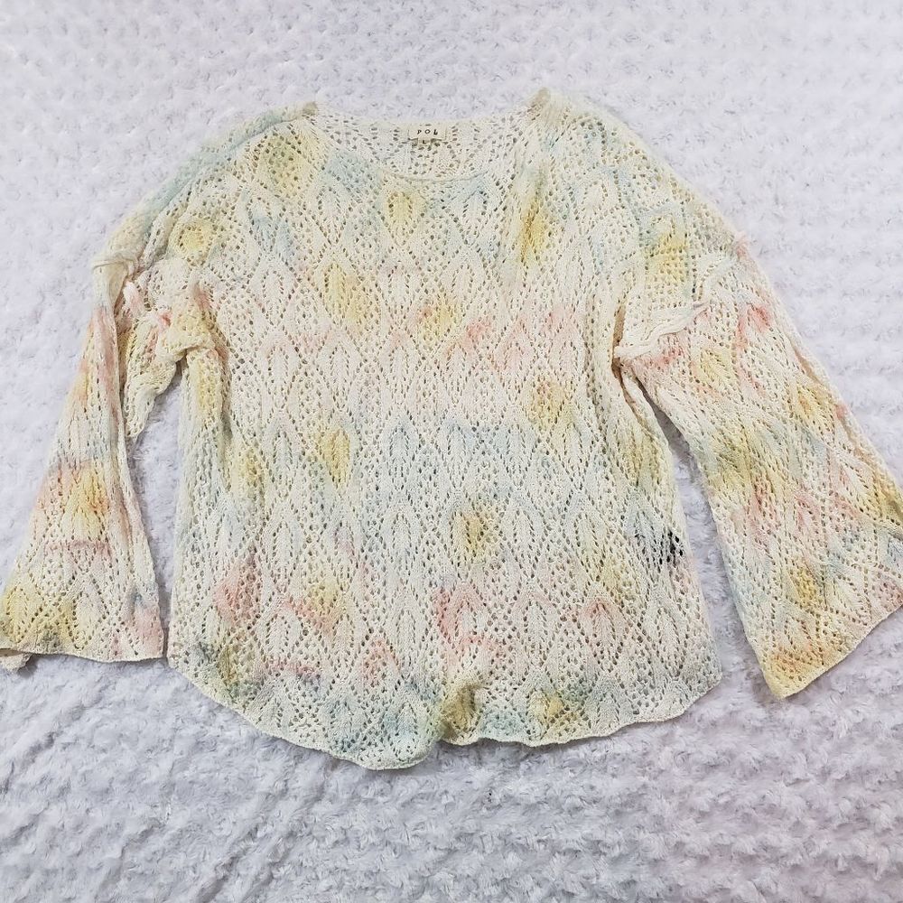 POL large open weave bell sleeve lightweight sweater rainbow tie dye crochet top